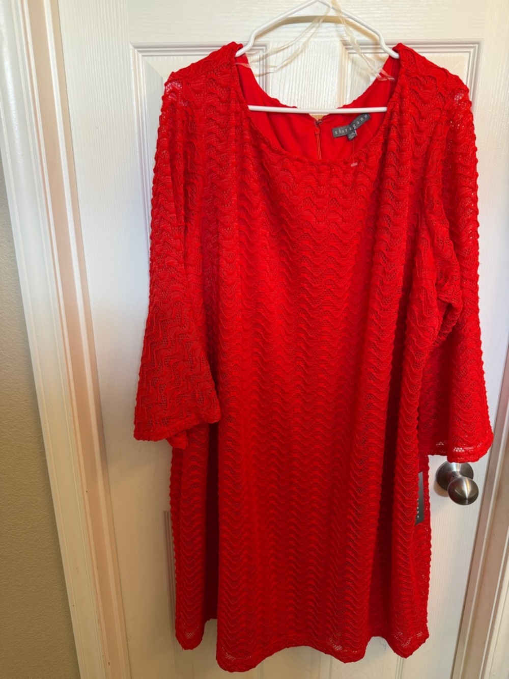 Sharagano Bright Red Lace Long Sleeve Swing Dress